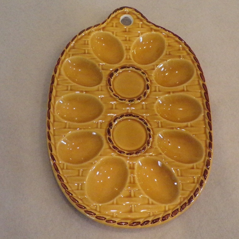 Unbranded Deviled Egg Platter Yellow Basketweave Ceramic